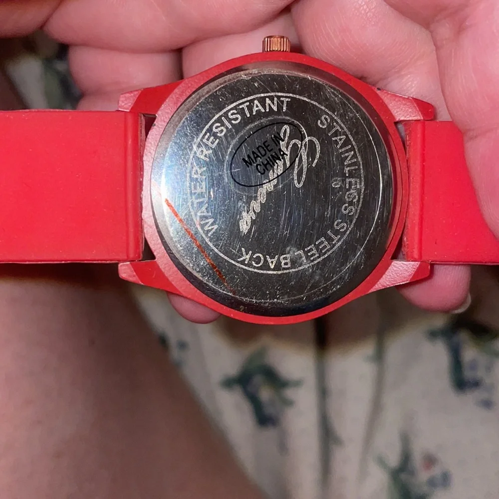 New red crystal watch round face silicone band Geneva